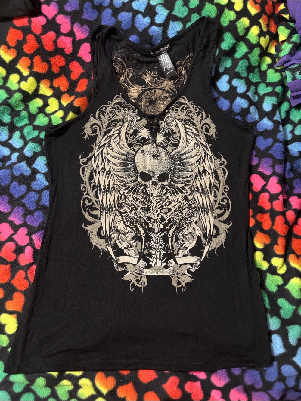 Black Graphic Winged Skull Tank Top